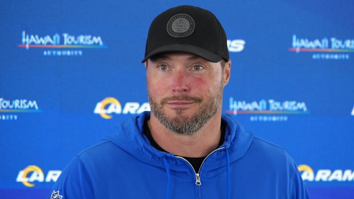 Jun 3, 2025; Woodland Hills, CA, USA; Los Angeles Rams special teams coordinator Chase Blackburn at press conference during organized team activities at Rams Practice Facility. Mandatory Credit: Kirby Lee-Imagn Images Jun 3, 2025; Woodland Hills, CA, USA; Los Angeles Rams special teams coordinator Chase Blackburn at press conference during organized team activities at Rams Practice Facility. Mandatory Credit: Kirby Lee-Imagn Images