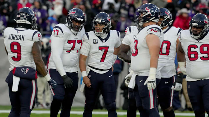 Jan 20, 2024; Baltimore, MD, USA; Houston Texans quarterback C.J. Stroud (7) huddles with teammates
