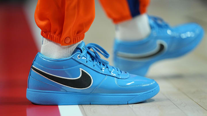 Mar 12, 2025; Portland, Oregon, USA; The sneakers worn by New York Knicks power forward P.J. Tucker (17) prior to a game against the Portland Trail Blazers at Moda Center.