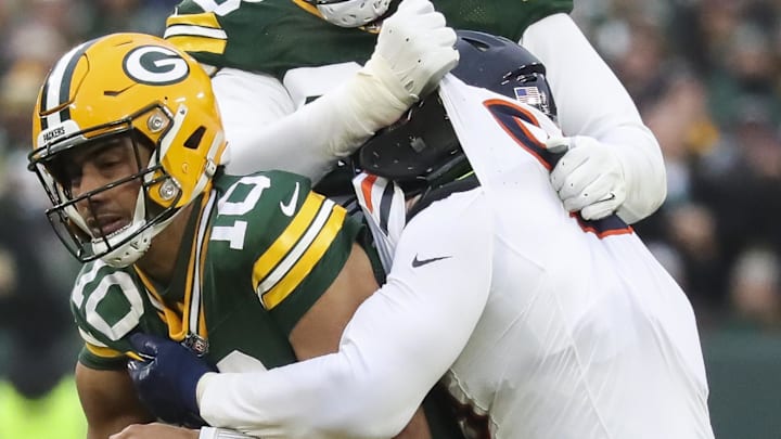 Green Bay Packers quarterback Jordan Love is sacked by the Chicago Bears at Lambeau Field last season.