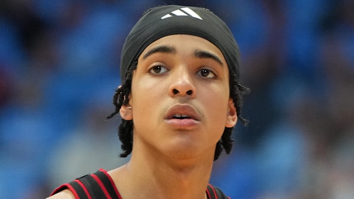 Feb 23, 2026; Chapel Hill, North Carolina, USA; Louisville Cardinals guard Mikel Brown Jr. (0) on the court in the second half at Dean E. Smith Center. Mandatory Credit: Bob Donnan-Imagn Images