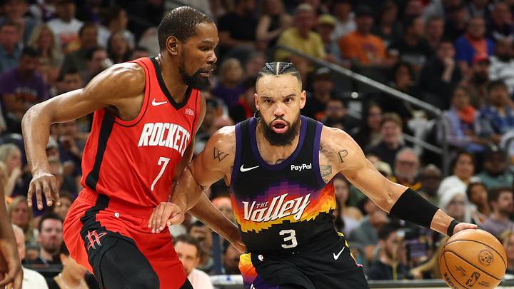 Apr 7, 2026; Phoenix, Arizona, USA; Phoenix Suns forward Dillon Brooks (3) drives to the basket against Houston Rockets forward Kevin Durant (7) in the second half at Mortgage Matchup Center. Mandatory Credit: Mark J. Rebilas-Imagn Images Apr 7, 2026; Phoenix, Arizona, USA; Phoenix Suns forward Dillon Brooks (3) drives to the basket against Houston Rockets forward Kevin Durant (7) in the second half at Mortgage Matchup Center. Mandatory Credit: Mark J. Rebilas-Imagn Images
