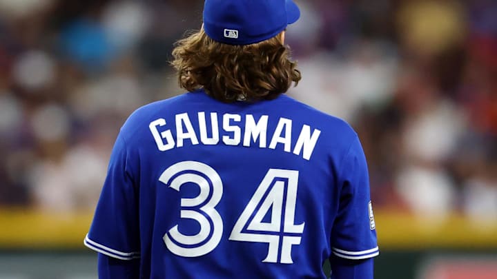 Apr 19, 2026; Phoenix, Arizona, USA; Detailed view of the jersey of Toronto Blue Jays pitcher Kevin Gausman (34) against the Arizona Diamondbacks at Chase Field.