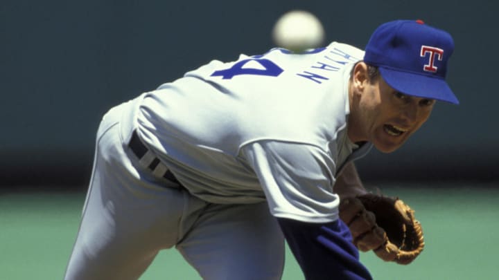 Jun 6, 1991; Kansas City, MO, USA, FILE PHOTO; Texas Rangers pitcher (34) Nolan Ryan delivers a pitch