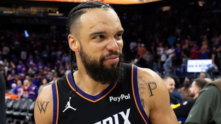 Apr 17, 2026; Phoenix, Arizona, USA; Phoenix Suns forward Dillon Brooks (3) against the Golden State Warriors during the play-in rounds of the 2026 NBA Playoffs at Mortgage Matchup Center. Mandatory Credit: Mark J. Rebilas-Imagn Images
