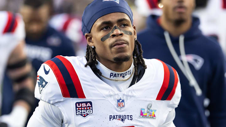 Feb 8, 2026; Santa Clara, CA, USA; New England Patriots wide receiver DeMario Douglas (3) against the Seattle Seahawks during Super Bowl LX at Levi's Stadium.