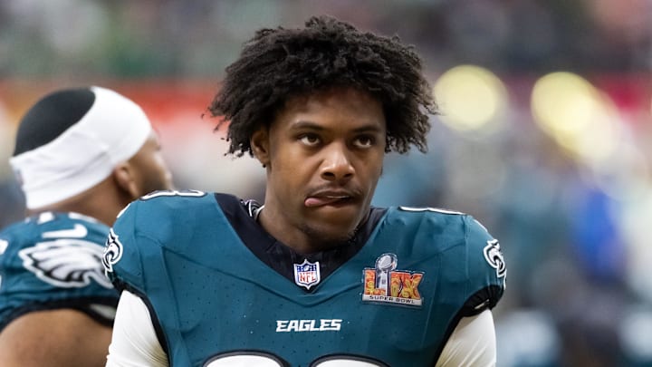 Feb 9, 2025; New Orleans, LA, USA; Philadelphia Eagles  wide receiver Jahan Dotson (83) against the Kansas City Chiefs during Super Bowl LIX at Ceasars Superdome. Mandatory Credit: Mark J. Rebilas-Imagn Images
