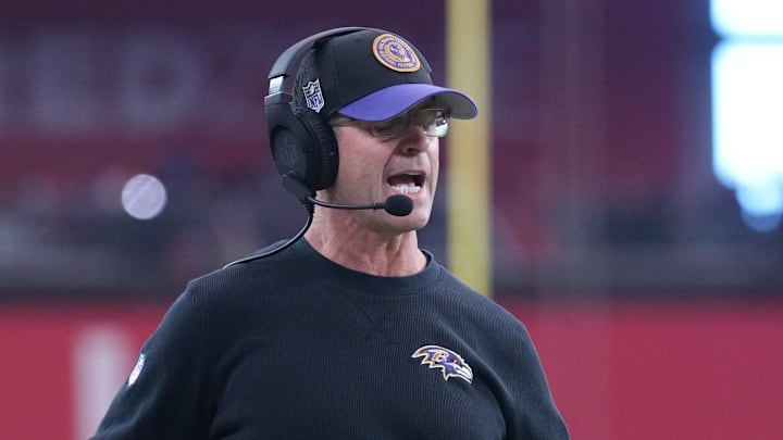 Oct 29, 2023; Glendale, Arizona, USA; Baltimore Ravens head coach John Harbaugh looks on against the