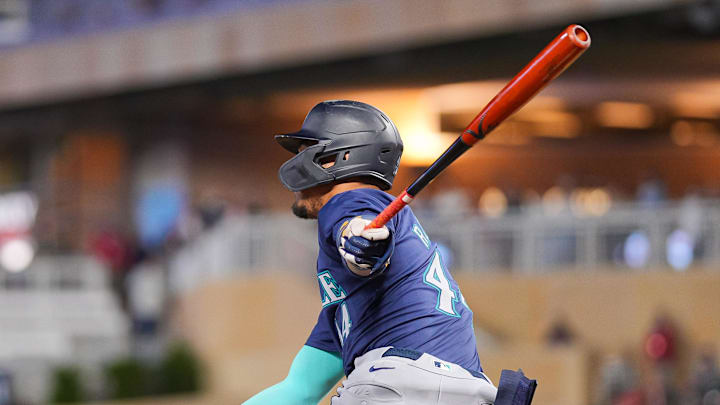 May 7, 2024; Minneapolis, Minnesota, USA; Seattle Mariners outfielder Julio Rodriguez (44) singles