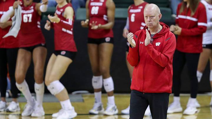 Wisconsin head coach Kelly Sheffield reacts after the Badgers win a point against Wisconsin-Green Bay during an exhibition match on Saturday, April 18, 2026, at the Kress Center in Green Bay, Wis. Wisconsin won all five sets of the match.
Tork Mason/USA TODAY NETWORK-Wisconsin Wisconsin head coach Kelly Sheffield reacts after the Badgers win a point against Wisconsin-Green Bay during an exhibition match on Saturday, April 18, 2026, at the Kress Center in Green Bay, Wis. Wisconsin won all five sets of the match.
Tork Mason/USA TODAY NETWORK-Wisconsin