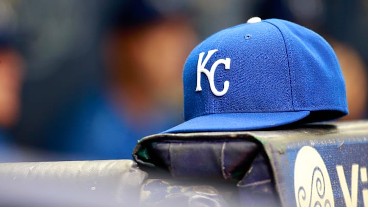 Aug 30, 2015; St. Petersburg, FL, USA; Kansas City Royals hat lays in the dugout against the Tampa Bay Rays at Tropicana Field. Mandatory Credit: Kim Klement-Imagn Images