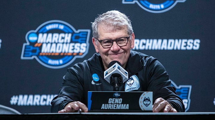 UConn head coach Geno Auriemma on the podium to answer media questions on April 1, 2024.