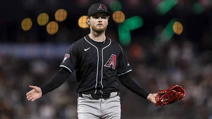 Sep 3, 2024; San Francisco, California, USA; Arizona Diamondbacks starting pitcher Ryne Nelson (19) gestures as he walks off the field after throwing against the San Francisco Giants during the fourth inning at Oracle Park. Mandatory Credit: John Hefti-Imagn Images Sep 3, 2024; San Francisco, California, USA; Arizona Diamondbacks starting pitcher Ryne Nelson (19) gestures as he walks off the field after throwing against the San Francisco Giants during the fourth inning at Oracle Park. Mandatory Credit: John Hefti-Imagn Images