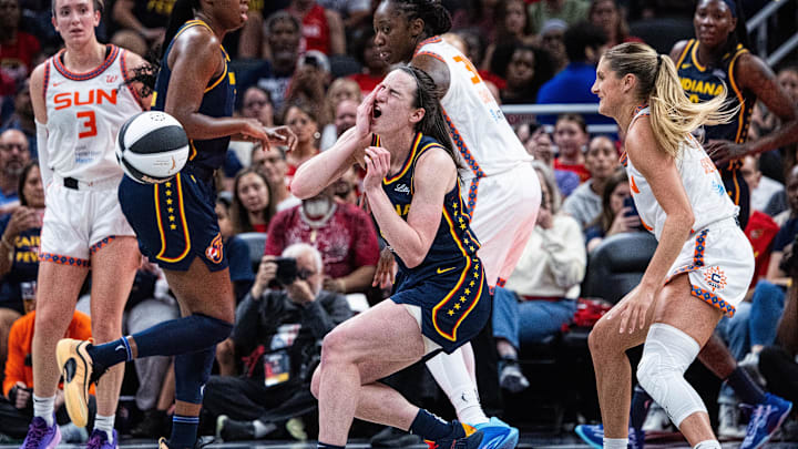 Jun 17, 2025; Indianapolis, Indiana, USA; Connecticut Sun guard Jacy Sheldon (4) fouls Indiana Fever guard Caitlin Clark (22) in the second half at Gainbridge Fieldhouse. Mandatory Credit: Trevor Ruszkowski-Imagn Images Jun 17, 2025; Indianapolis, Indiana, USA; Connecticut Sun guard Jacy Sheldon (4) fouls Indiana Fever guard Caitlin Clark (22) in the second half at Gainbridge Fieldhouse. Mandatory Credit: Trevor Ruszkowski-Imagn Images