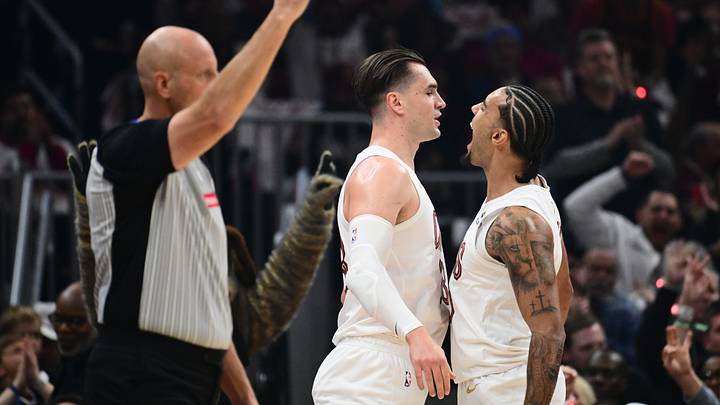 Oct 24, 2026; Cleveland, Ohio, USA; Cleveland Cavaliers guard Jaylon Tyson (20) celebrates with forward Mario Hezonja (33) during the first half against the Brooklyn Nets at Rocket Arena. Mandatory Credit: Ken Blaze-Imagn Images
