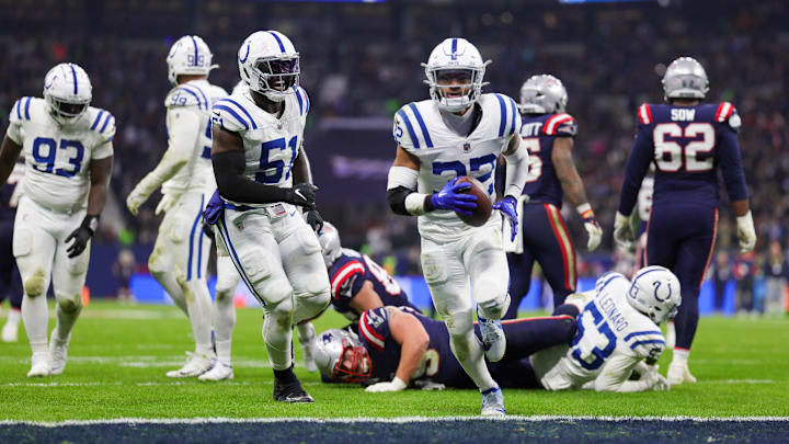 Nov 12, 2023; Frankfurt, Germany;  Indianapolis Colts safety Julian Blackmon (32) reacts after intercepting the ball against the New England Patriots in the fourth quarter during an International Series game at Deutsche Bank Park. Mandatory Credit: Nathan Ray Seebeck-Imagn Images