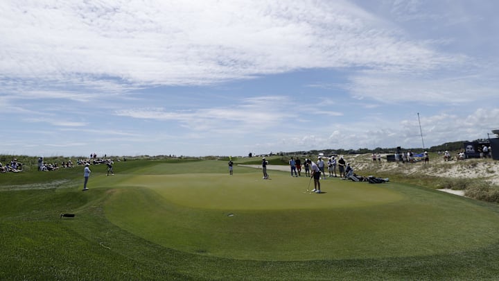 A view of the fifteenth green during a practice round for the PGA Championship golf tournament at Ocean Course at Kiawah Island Resort. 