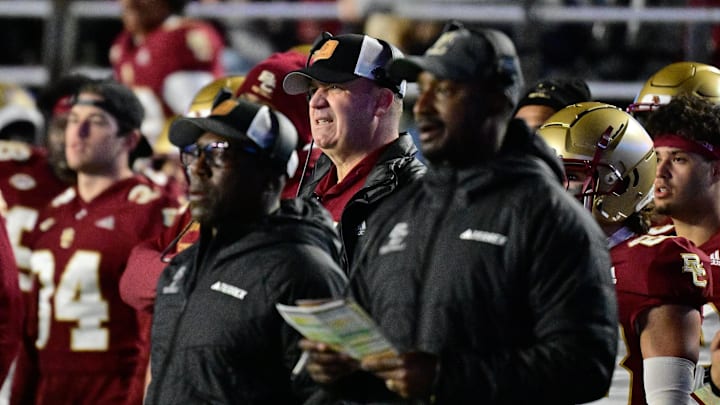 Oct 25, 2024; Chestnut Hill, Massachusetts, USA; Boston College Eagles head coach Bill O'Brien watches the action on the field from the bench during the second half against the Louisville Cardinals at Alumni Stadium. Mandatory Credit: Eric Canha-Imagn Images