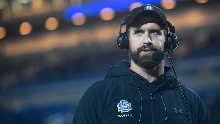 South Dakota State head coach Jimmy Rogers talks about the game against USD on the field on Saturday, Oct. 26, 2024, at Dana J. Dykhouse Stadium in Brookings, South Dakota.