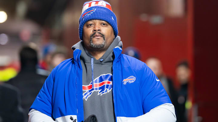 Jan 26, 2025; Kansas City, MO, USA; Buffalo Bills quarterbacks coach Ronald Curry against the Kansas City Chiefs during the AFC Championship game at GEHA Field at Arrowhead Stadium. Mandatory Credit: Mark J. Rebilas-Imagn Images
