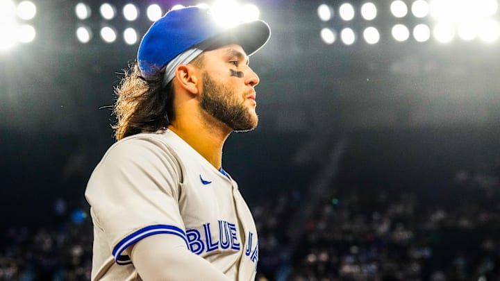 Jun 29, 2024; Toronto, Ontario, CAN; Toronto Blue Jays shortstop Bo Bichette (11) returns to the dugout before playing the New York Yankees at Rogers Centre.