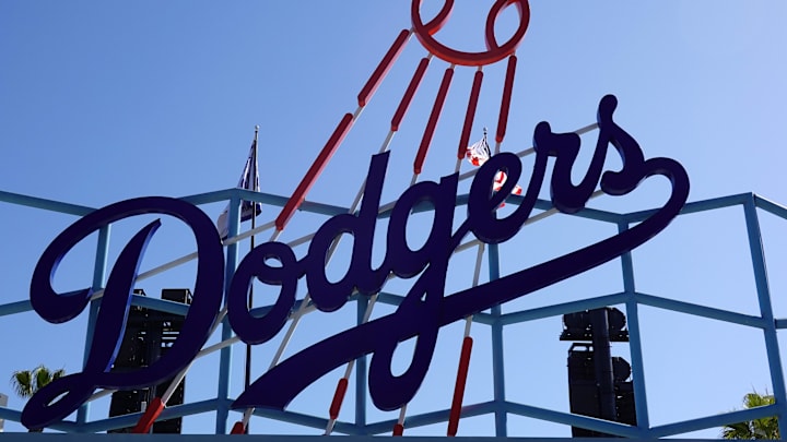 The Los Angeles Dodgers logo in the outfield pavilion at Dodger Stadium on April 29, 2025.