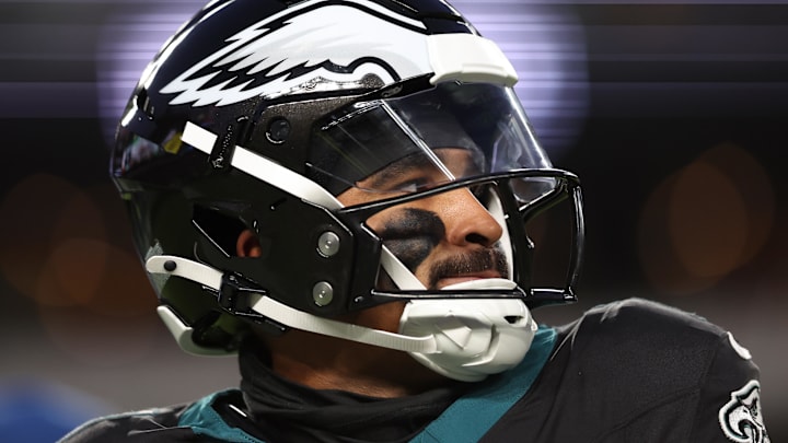 Nov 28, 2025; Philadelphia, Pennsylvania, USA; Philadelphia Eagles quarterback Jalen Hurts (1) looks on during the third quarter of the game against the Chicago Bears at Lincoln Financial Field. Mandatory Credit: Bill Streicher-Imagn Images