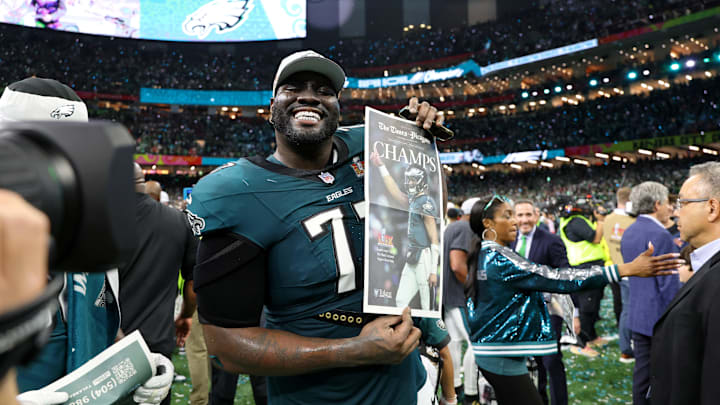 Feb 9, 2025; New Orleans, LA, USA; Philadelphia Eagles offensive tackle Mekhi Becton (77) celebrates after winning Super Bowl LIX at Caesars Superdome. Mandatory Credit: Geoff Burke-Imagn Images