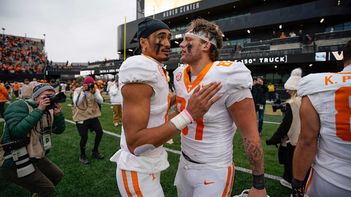 Tennessee tight end Miles Kitselman (87) celebrates with quarterback Nico Iamaleava (8) after the game at FirstBank Stadium in Nashville, Tenn., Saturday, Nov. 30, 2024.
