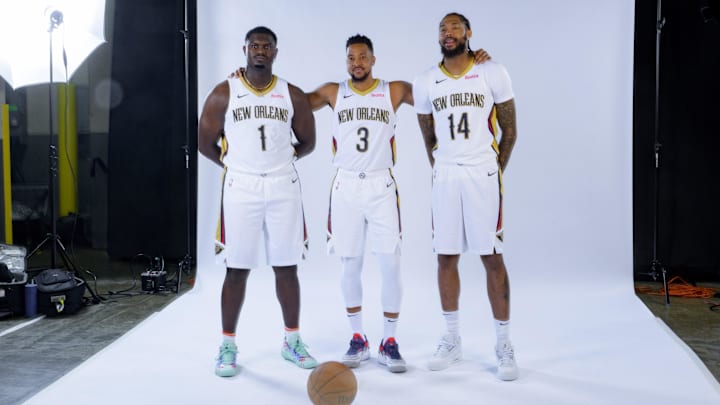Oct 2, 2023; New Orleans, LA, USA; New Orleans Pelicans forward Zion Williamson (1), forward Brandon Ingram (14), and guard CJ McCollum (3) pose during Pelicans media day at the Smoothie King Center. Mandatory Credit: Matthew Hinton-Imagn Images Oct 2, 2023; New Orleans, LA, USA; New Orleans Pelicans forward Zion Williamson (1), forward Brandon Ingram (14), and guard CJ McCollum (3) pose during Pelicans media day at the Smoothie King Center. Mandatory Credit: Matthew Hinton-Imagn Images