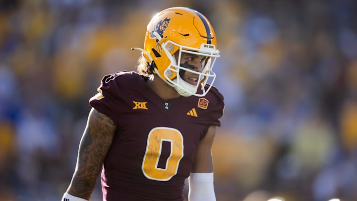 Nov 23, 2024; Tempe, Arizona, USA; Arizona State Sun Devils wide receiver Jordyn Tyson (0) against the Brigham Young Cougars at Mountain America Stadium. Mandatory Credit: Mark J. Rebilas-Imagn Images
