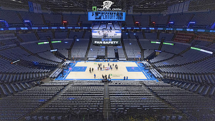 Apr 21, 2024; Oklahoma City, Oklahoma, USA; General view of The Paycom Center is covered in playoff t-shirts before a 2024 NBA playoffs game one round one game between the New Orleans Pelicans and Oklahoma City Thunder at Paycom Center. Mandatory Credit: Alonzo Adams-Imagn Images