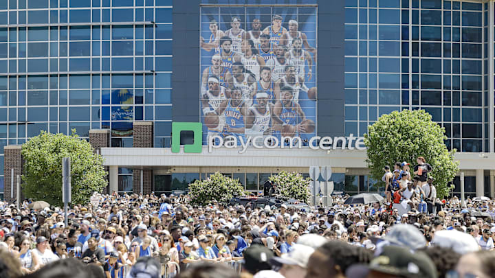 Jun 24, 2025; Oklahoma City, OK, USA; Oklahoma City Thunder fans gather outside Paycom Center to watch the 2024-25 Oklahoma City Thunder championship parade. Mandatory Credit: Alonzo Adams-Imagn Images
