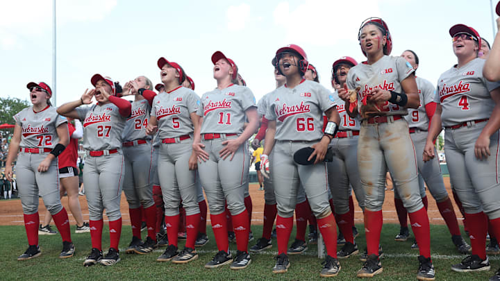 Nebraska players celebrate after winning the Baton Rouge Regional. Nebraska players celebrate after winning the Baton Rouge Regional.