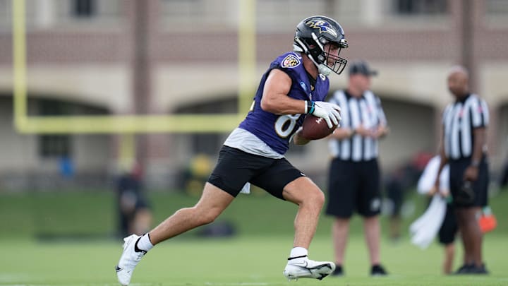 Jul 27, 2022; Owings Mills, MD, USA; Baltimore Ravens wide receiver Slade Bolden (82) runs with a