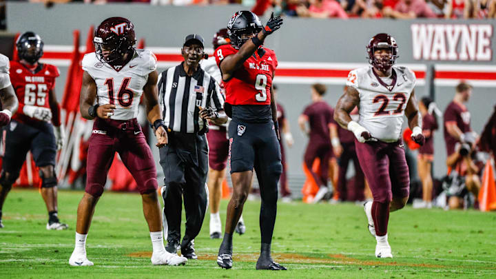 Sep 27, 2025; Raleigh, North Carolina, USA;  North Carolina State Wolfpack wide receiver Terrell Anderson (9) celebrates a down during the first half of the game against Virginia Tech Hokies at Carter-Finley Stadium. Mandatory Credit: Jaylynn Nash-Imagn Images