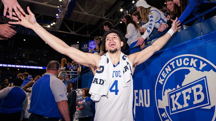 Mar 4, 2025; Lexington, Kentucky, USA; Kentucky Wildcats guard Koby Brea (4) fives fans as he exits the court after the game against the LSU Tigers at Rupp Arena at Central Bank Center. Mandatory Credit: Jordan Prather-Imagn Images Mar 4, 2025; Lexington, Kentucky, USA; Kentucky Wildcats guard Koby Brea (4) fives fans as he exits the court after the game against the LSU Tigers at Rupp Arena at Central Bank Center. Mandatory Credit: Jordan Prather-Imagn Images