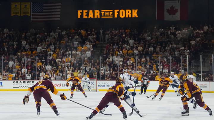 Oct 4, 2025; Tempe, AZ, USA; General action during the first period of the game between the Arizona State Sun Devils and the Penn State Nittany Lions at Mullett Arena. Mandatory Credit: Joe Camporeale-Imagn Images Oct 4, 2025; Tempe, AZ, USA; General action during the first period of the game between the Arizona State Sun Devils and the Penn State Nittany Lions at Mullett Arena. Mandatory Credit: Joe Camporeale-Imagn Images