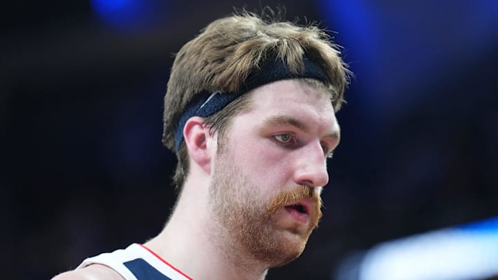 Mar 23, 2023; Las Vegas, NV, USA; Gonzaga Bulldogs forward Drew Timme (2) looks on during halftime against the UCLA Bruins at T-Mobile Arena. Mandatory Credit: Joe Camporeale-Imagn Images
