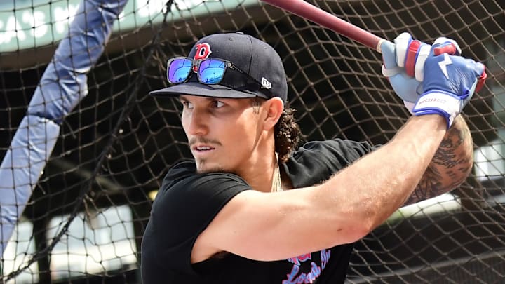 Jul 26, 2025; Boston, Massachusetts, USA; Boston Red Sox left fielder Jarren Duran (16) takes batting practice prior to a game against the Los Angeles Dodgers at Fenway Park. Mandatory Credit: Bob DeChiara-Imagn Images