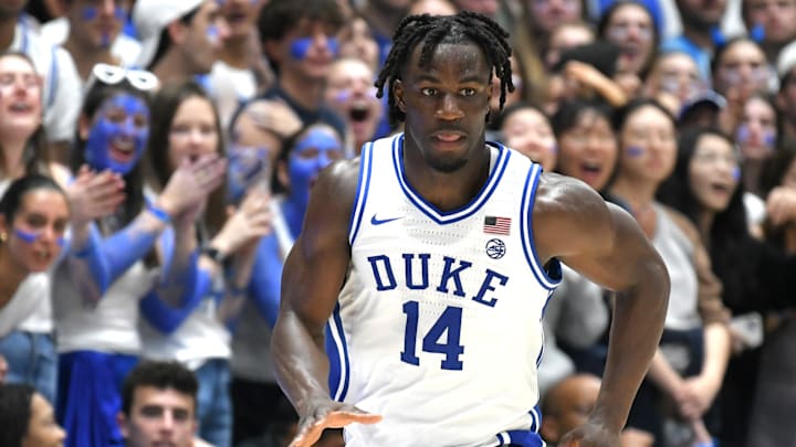 Nov 4, 2024; Durham, North Carolina, USA; Duke Blue Devils guard Sion James (14) drives the ball down court aginst the Maine Black Bears in the second half at Cameron Indoor Stadium. Mandatory Credit: Zachary Taft-Imagn Images