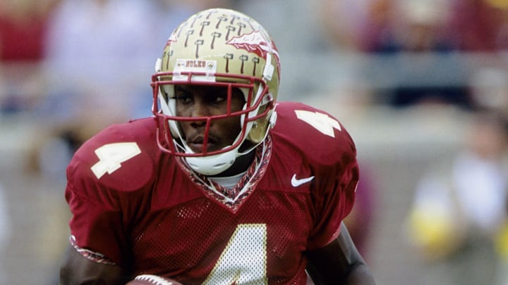Oct 27, 2002; Tallahassee, FL, USA; FILE PHOTO; Florida State Seminoles receiver Anquan Boldin (4) in action against the Notre Dame Irish at Doak Campbell Stadium. Mandatory Credit: Imagn Images
