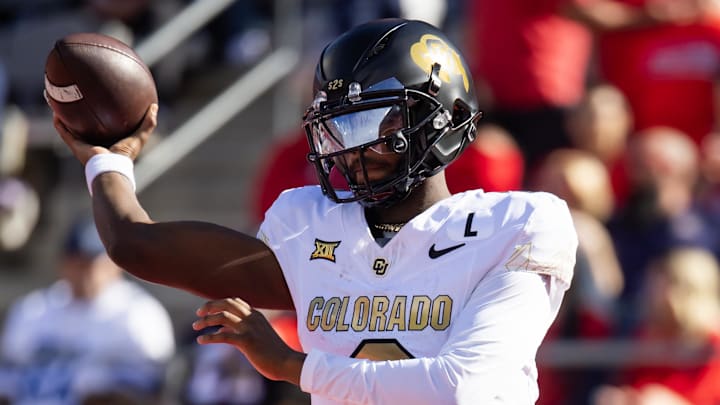 Oct 19, 2024; Tucson, Arizona, USA; Colorado Buffalos quarterback Shedeur Sanders (2) against the Arizona Wildcats at Arizona Stadium. Mandatory Credit: Mark J. Rebilas-Imagn Images