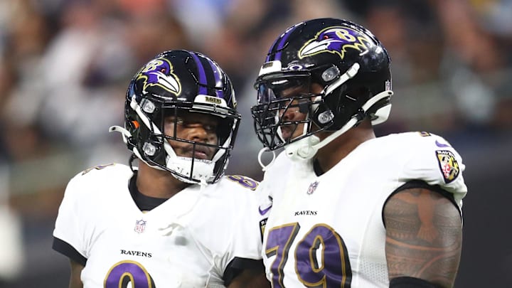 Sep 13, 2021; Paradise, Nevada, USA; Baltimore Ravens quarterback Lamar Jackson (8) and offensive tackle Ronnie Stanley (79) against the Las Vegas Raiders during Monday Night Football at Allegiant Stadium. Mandatory Credit: Mark J. Rebilas-Imagn Images