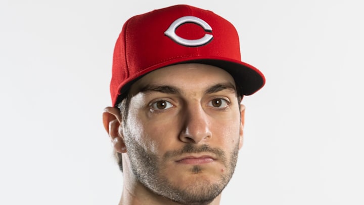 Feb 18, 2025; Goodyear, AZ, USA; Cincinnati Reds pitcher Joe La Sorsa poses for a portrait during Media Day at the Cincinnati Reds Development Complex. Mandatory Credit: Mark J. Rebilas-Imagn Images Feb 18, 2025; Goodyear, AZ, USA; Cincinnati Reds pitcher Joe La Sorsa poses for a portrait during Media Day at the Cincinnati Reds Development Complex. Mandatory Credit: Mark J. Rebilas-Imagn Images