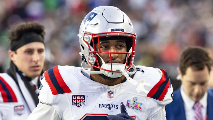 Feb 8, 2026; Santa Clara, CA, USA; New England Patriots linebacker Elijah Ponder (91) against the Seattle Seahawks during Super Bowl LX at Levi's Stadium. Mandatory Credit: Mark J. Rebilas-Imagn Images