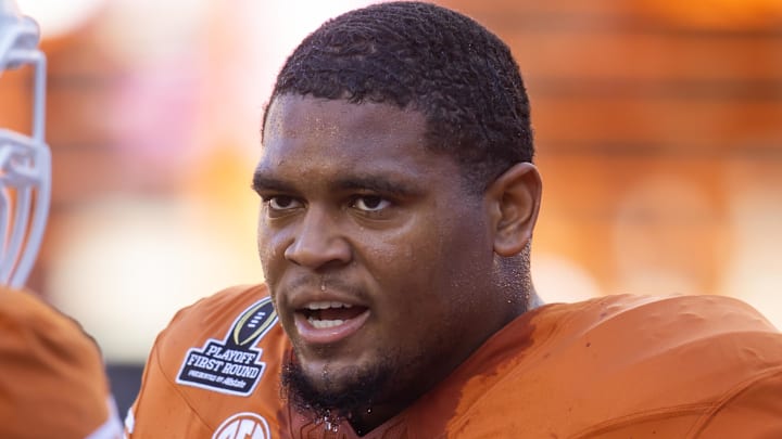 Dec 21, 2024; Austin, Texas, USA; Texas Longhorns offensive lineman Kelvin Banks Jr. (78) against the Clemson Tigers during the CFP National playoff first round at Darrell K Royal-Texas Memorial Stadium. Mandatory Credit: Mark J. Rebilas-Imagn Images