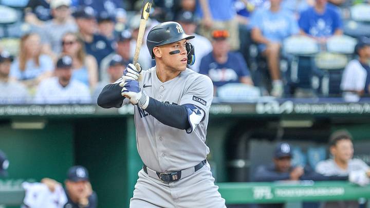 New York Yankees outfielder Aaron Judge (99) at bat in the 1st inning against the Kansas City Royals at Kauffman Stadium in Kansas City, MO. New York Yankees outfielder Aaron Judge (99) at bat in the 1st inning against the Kansas City Royals at Kauffman Stadium in Kansas City, MO.