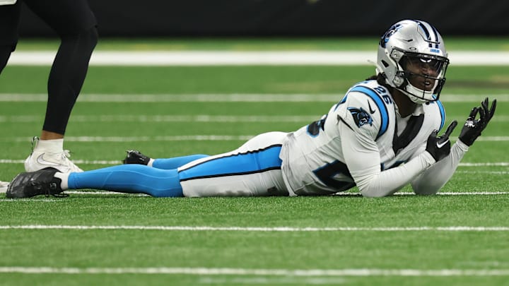 Dec 14, 2025; New Orleans, Louisiana, USA; Carolina Panthers cornerback Chau Smith-Wade (26) reacts during the second quarter against the New Orleans Saints at Caesars Superdome. Mandatory Credit: Stephen Lew-Imagn Images