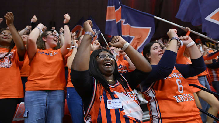 Nov 14, 2025; Champaign, Illinois, USA; Fighting Illini student fans cheer during the second half against the Colgate Raiders  at State Farm Center. Mandatory Credit: Ron Johnson-Imagn Images